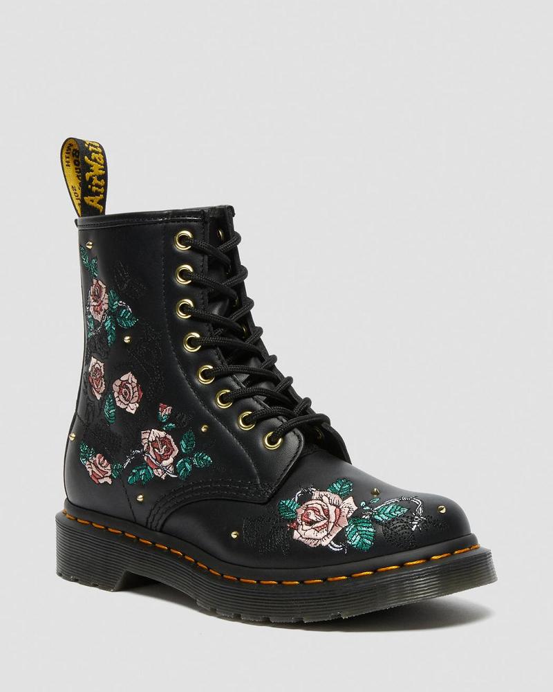 Black Women\'s Dr Martens 1460 Vonda Floral Leather Lace Up Boots | CA 214UZG